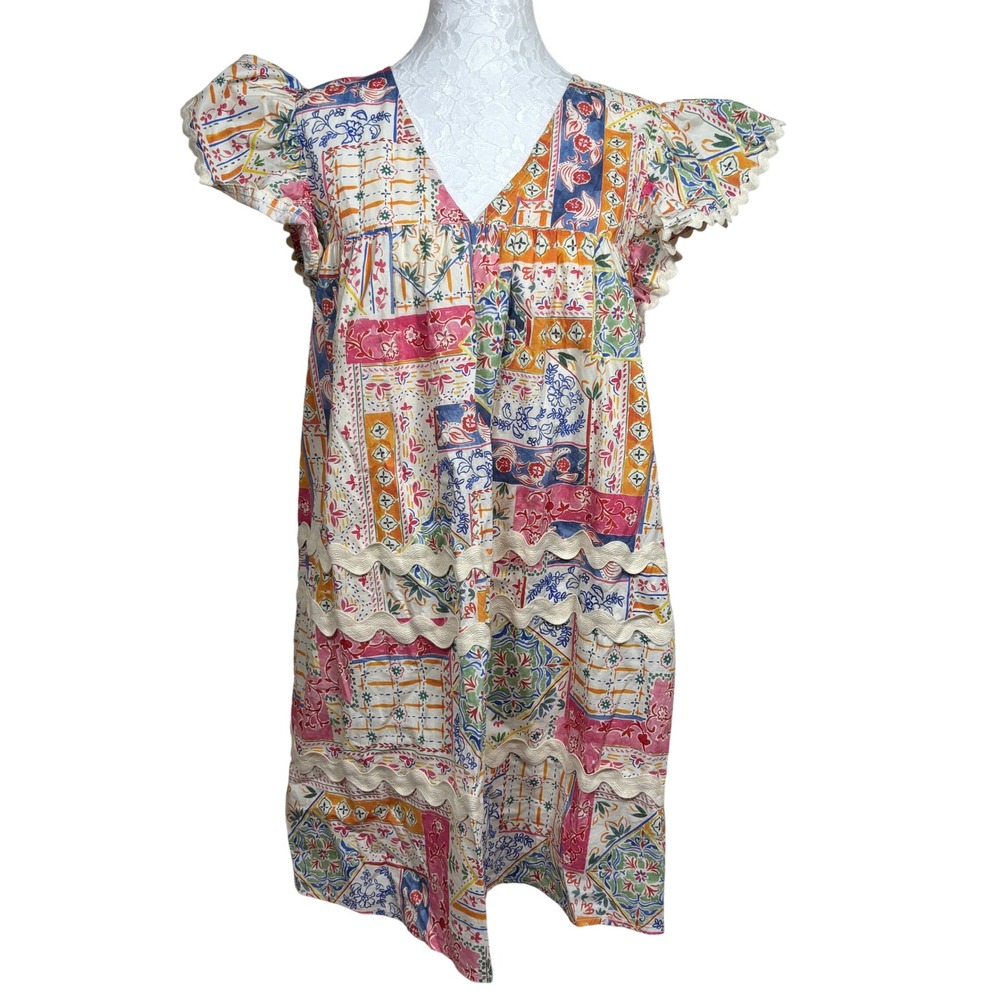 Entro Patchwork Floral Cottagecore Flutter Sleeve Ric Rac Trim Dress Womens M